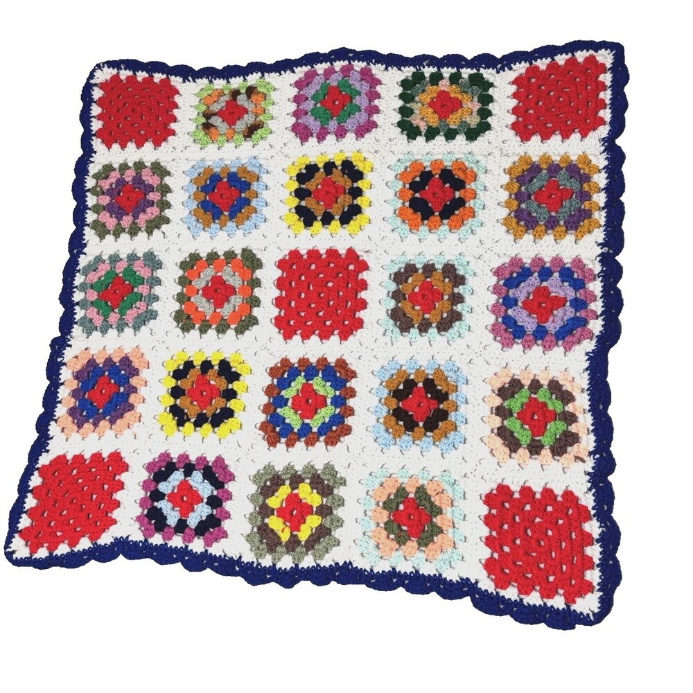 Vtg Colorful Granny Square Crochet Crib Blanket Throw Dark Blue Trim 32 X 32